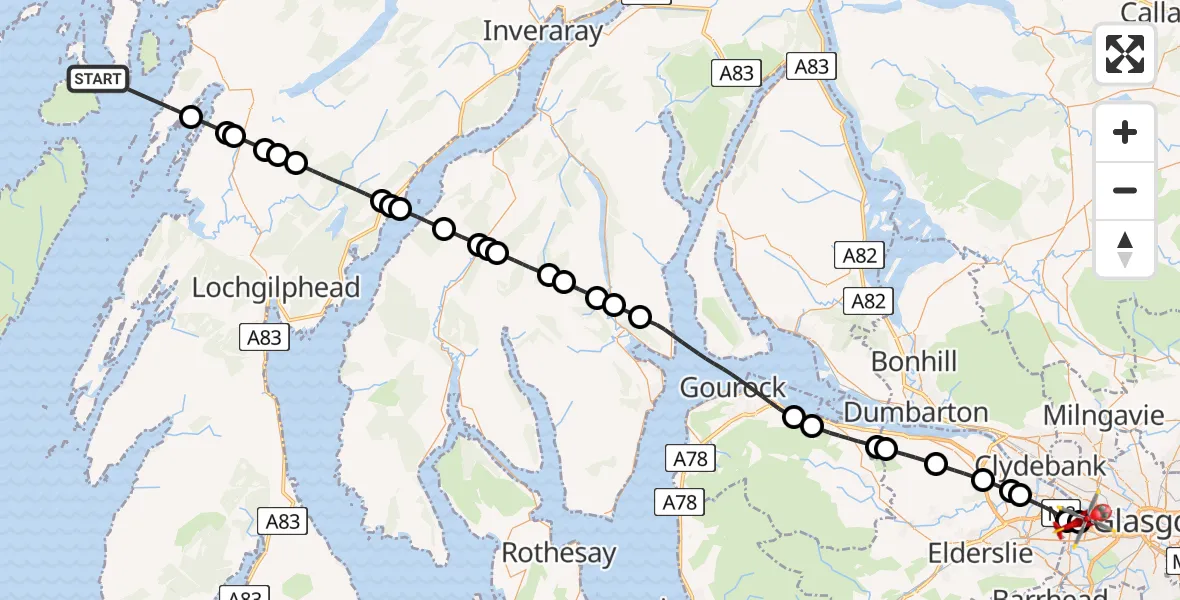 Flight path map showing Air Ambulance Helicopter route from Inner Seas to Glasgow