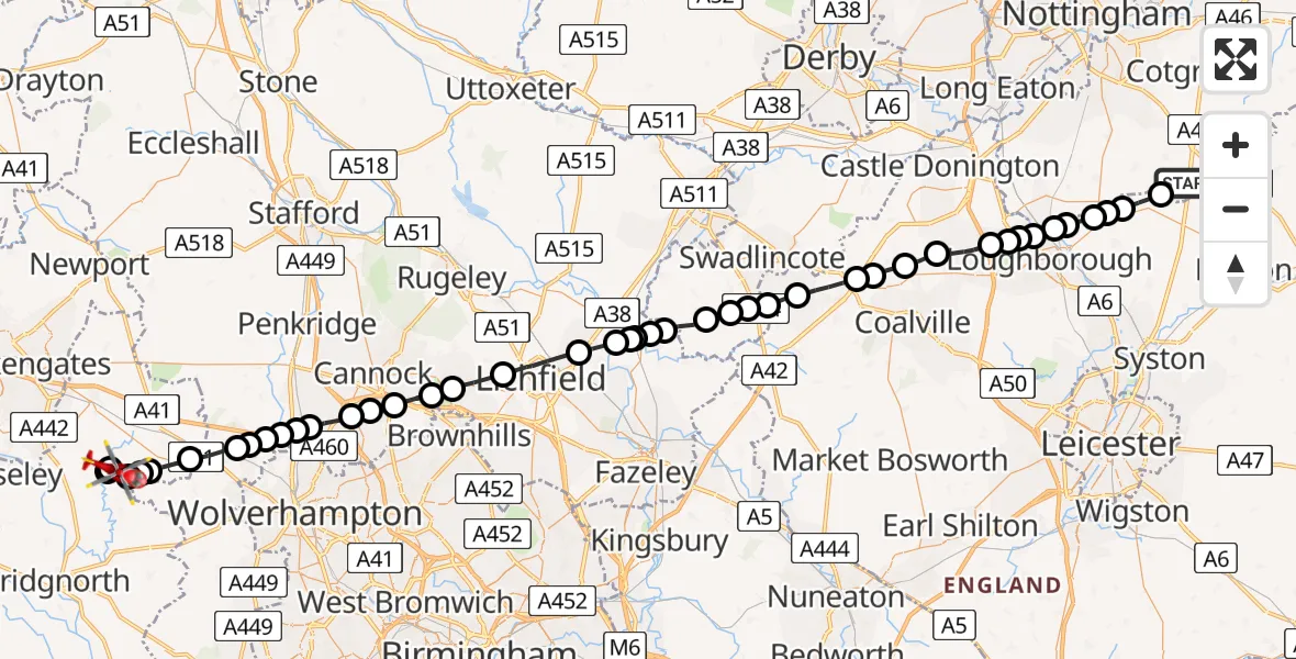 Flight path map showing Air Ambulance Helicopter route from Willoughby on the Wolds to Beckbury
