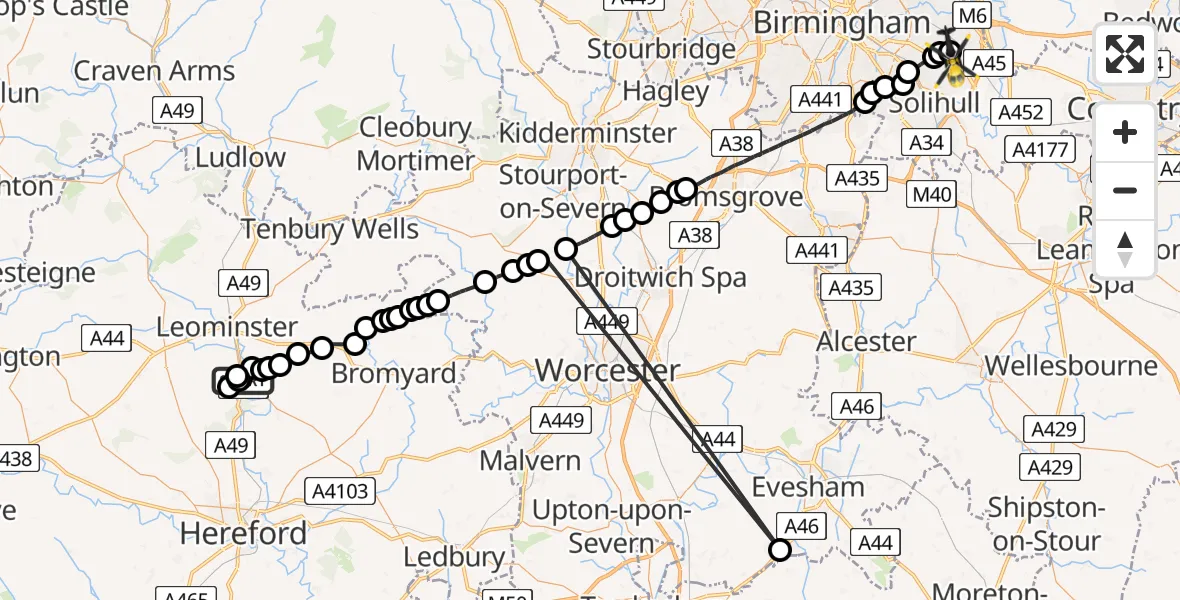 Flight path map showing Police Helicopter route from Leominster to Birmingham Airport