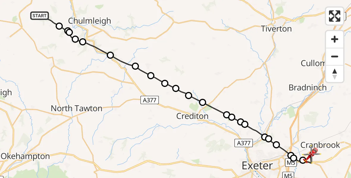 Flight path map showing Air Ambulance Helicopter route from Ashreigney to Clyst Honiton