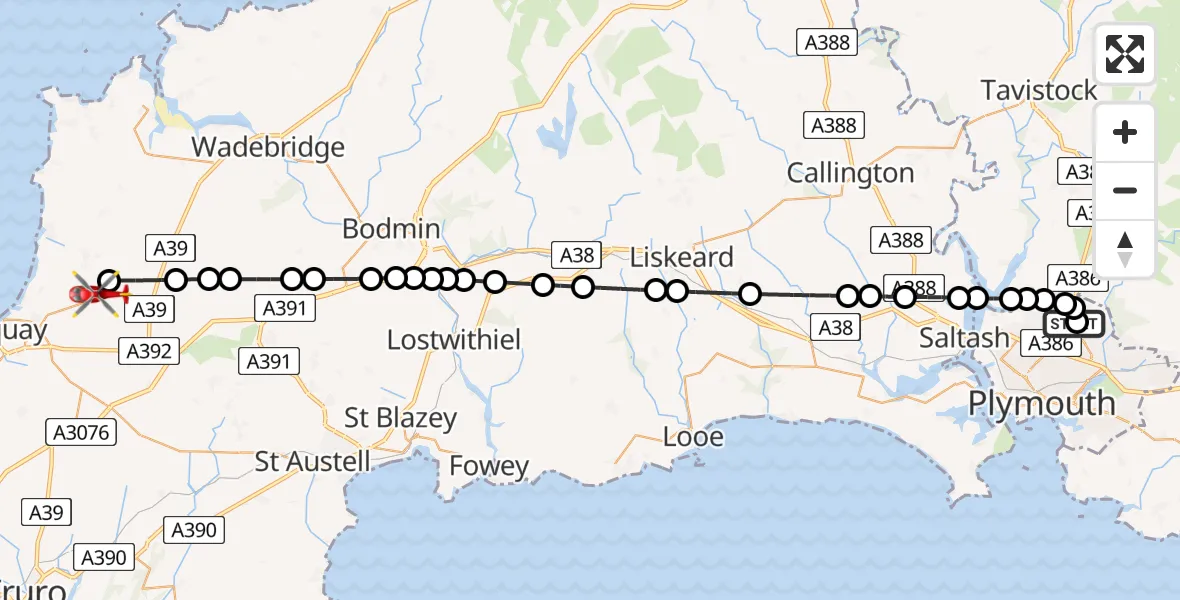 Flight path map showing Air Ambulance Helicopter route from Derriford Hospital to Cornwall Airport Newquay