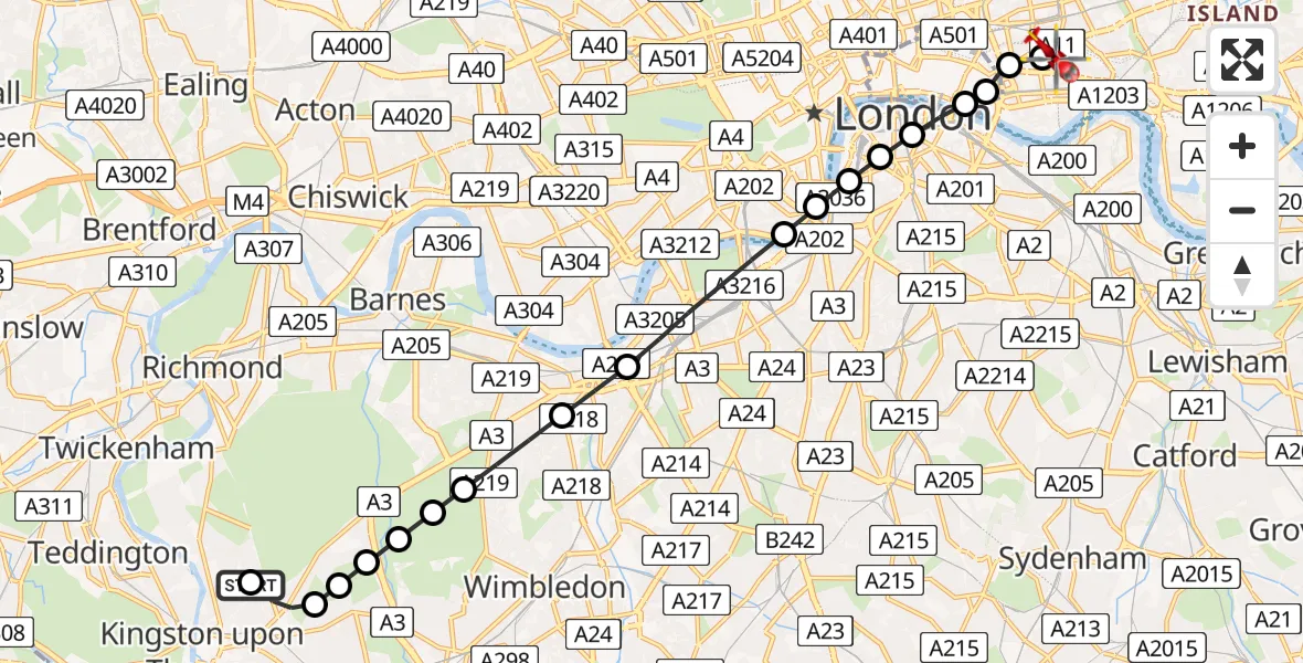 Flight path map showing Air Ambulance Helicopter route from Norbiton to Royal London Hospital