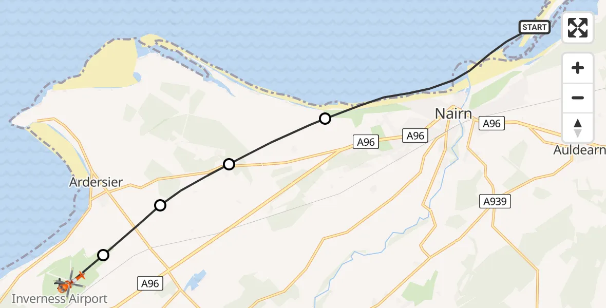 Flight path map showing Coastguard Helicopter route from Nairn to Inverness Airport