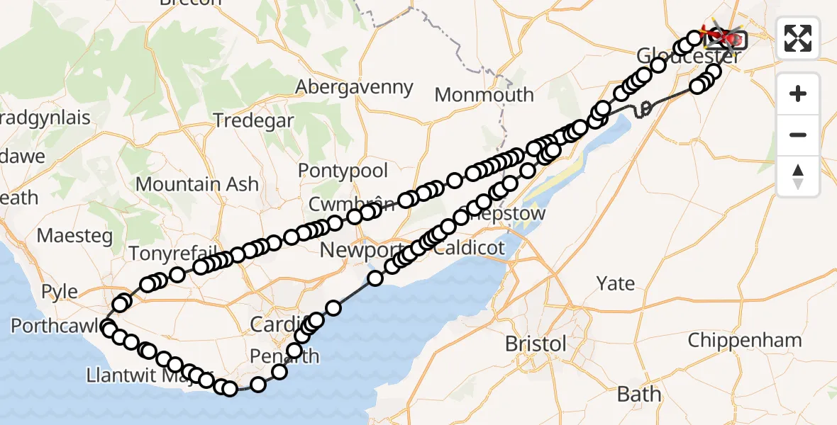 Flight path map showing Air Ambulance Helicopter route from Gloucestershire Airport to Gloucestershire Airport