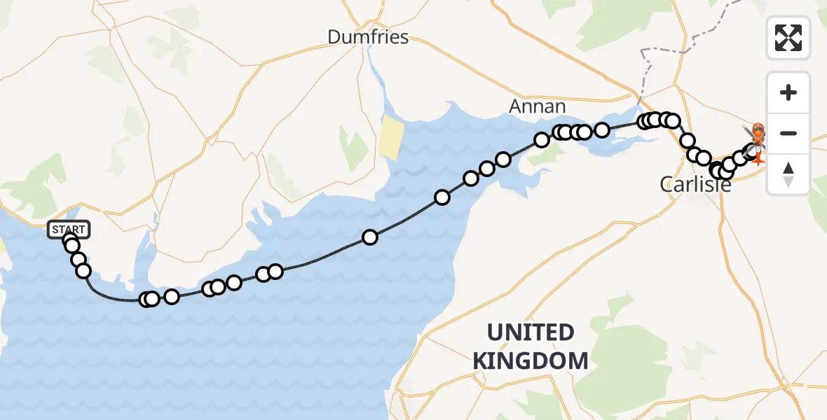 Flight path map showing Coastguard Helicopter route from Carrick to Carlisle Lake District Airport