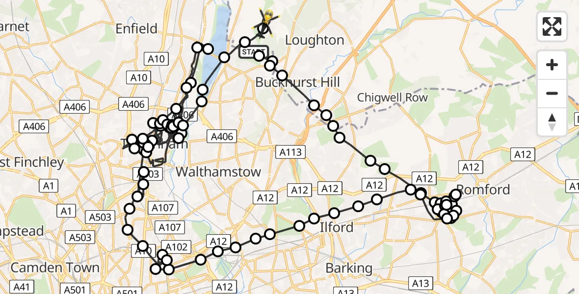 Flight path map showing Police Helicopter route from Chingford to Metropolitan Police Air Support Unit Lippitts Hill