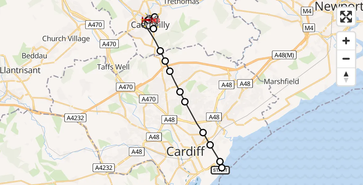 Flight path map showing Air Ambulance Helicopter route from Cardiff Heliport to Lansbury Park
