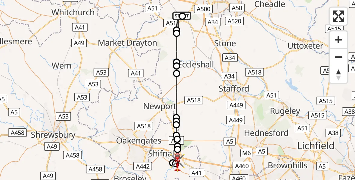 Flight path map showing Air Ambulance Helicopter route from Newcastle-under-Lyme to Cosford