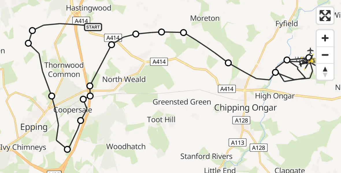 Flight path map showing Police Helicopter route from North Weald Bassett to High Ongar