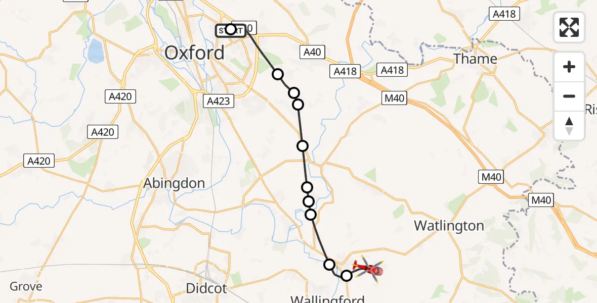 Flight path map showing Air Ambulance Helicopter route from John Radcliffe Hospital to RAF Benson
