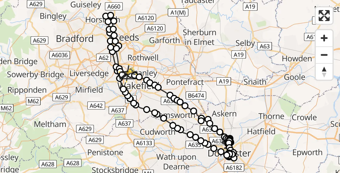 Flight path map showing Police Helicopter route from Wrenthorpe to East Ardsley