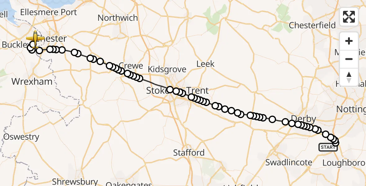 Flight route Police Aircraft East Midlands Airport - Hawarden Airport, 30 April 2026, 11:32
