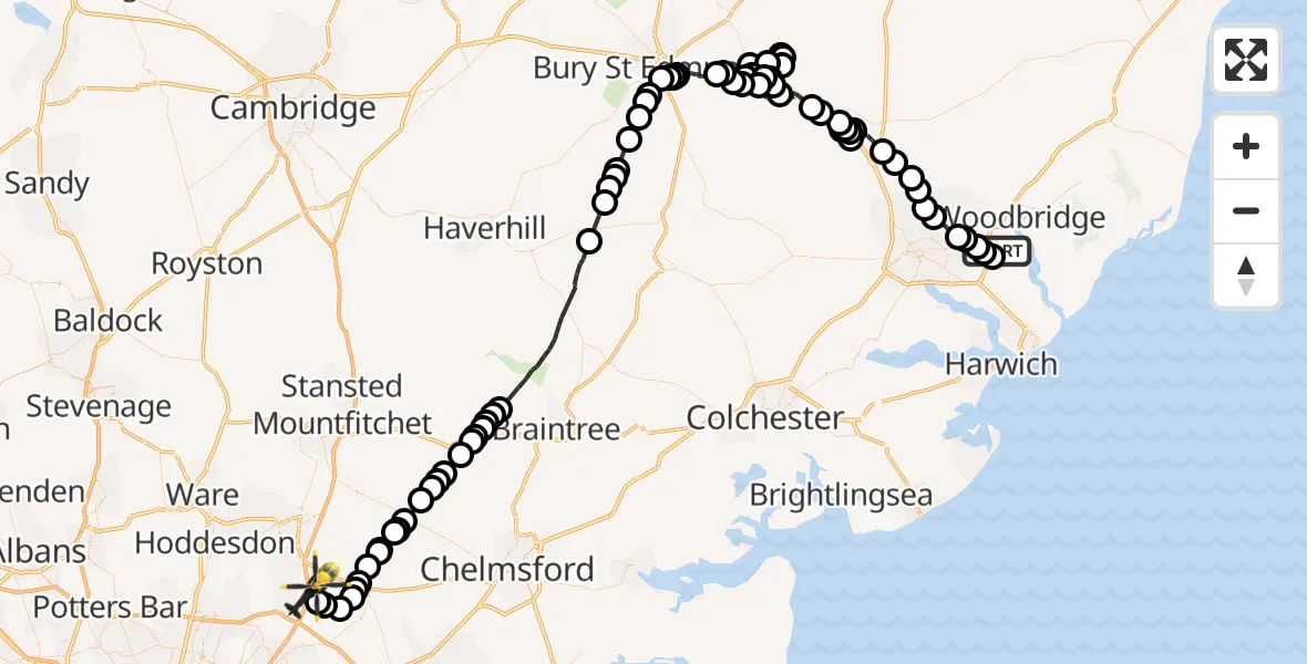 Flight path map showing Police Helicopter route from Ipswich to Coopersale