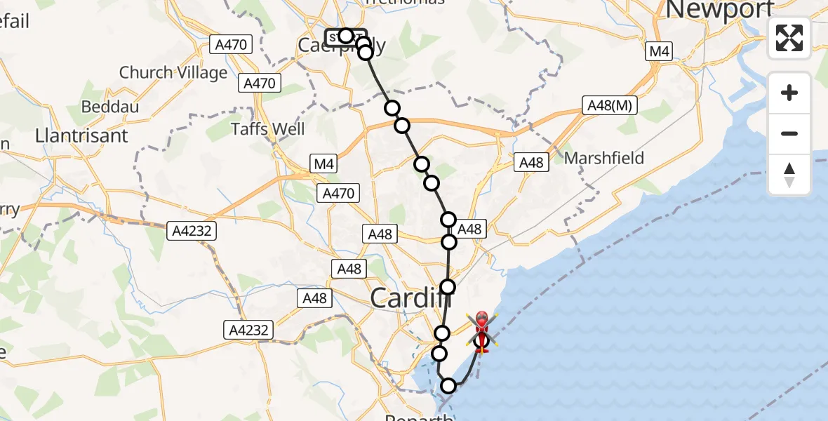 Flight route Air Ambulance Helicopter Caerphilly - Cardiff Heliport, 30 April 2026, 11:46