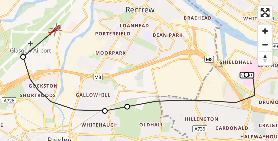 Flight path map showing Air Ambulance Helicopter route from Queen Elizabeth Hospital to Glasgow Airport