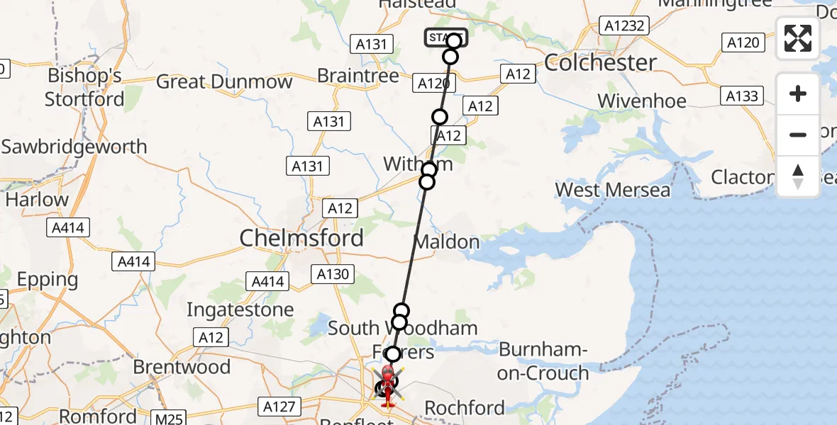 Flight path map showing Air Ambulance Helicopter route from Earls Colne Airfield to Rayleigh