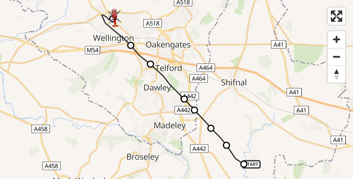 Flight path map showing Air Ambulance Helicopter route from Beckbury to Telford