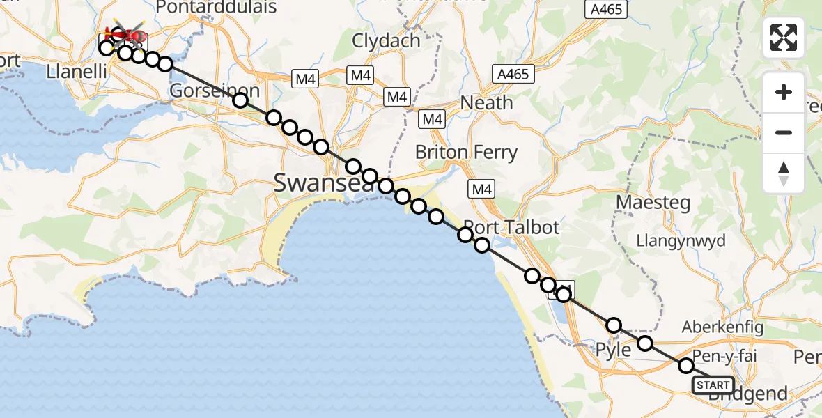 Flight path map showing Air Ambulance Helicopter route from Bryntirion to Dafen