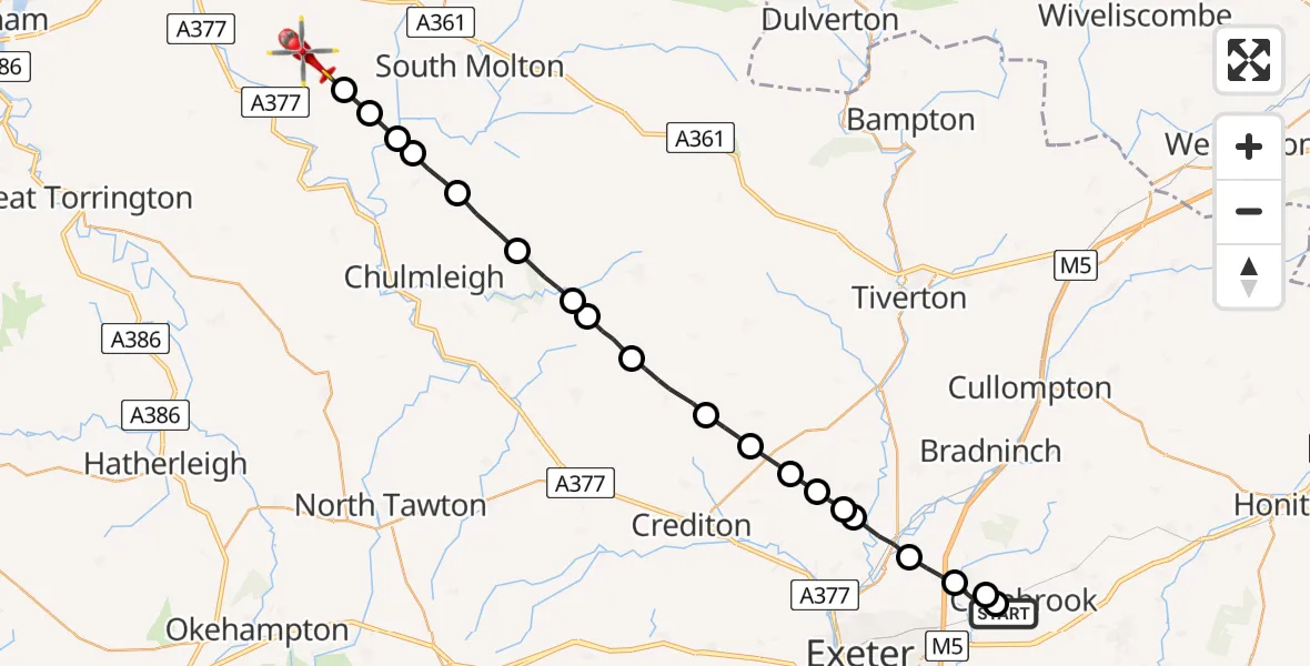 Flight path map showing Air Ambulance Helicopter route from Cranbrook to Chittlehampton