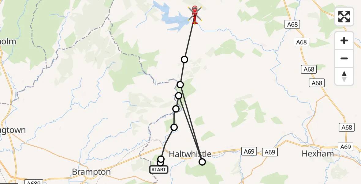 Flight path map showing Air Ambulance Helicopter route from Halton Lea Gate to Falstone