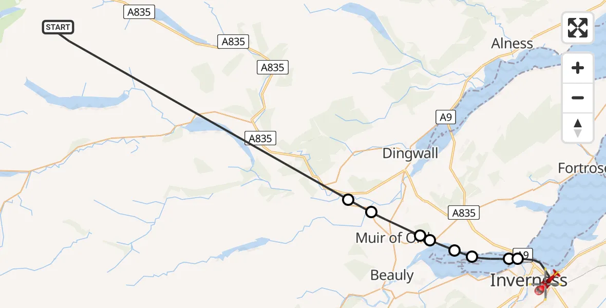 Flight path map showing Air Ambulance Helicopter route from Highland to Inverness