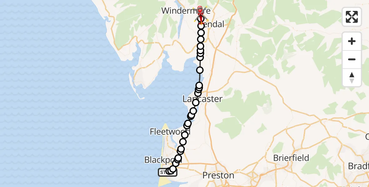 Flight path map showing Air Ambulance Helicopter route from Blackpool Airport to Staveley