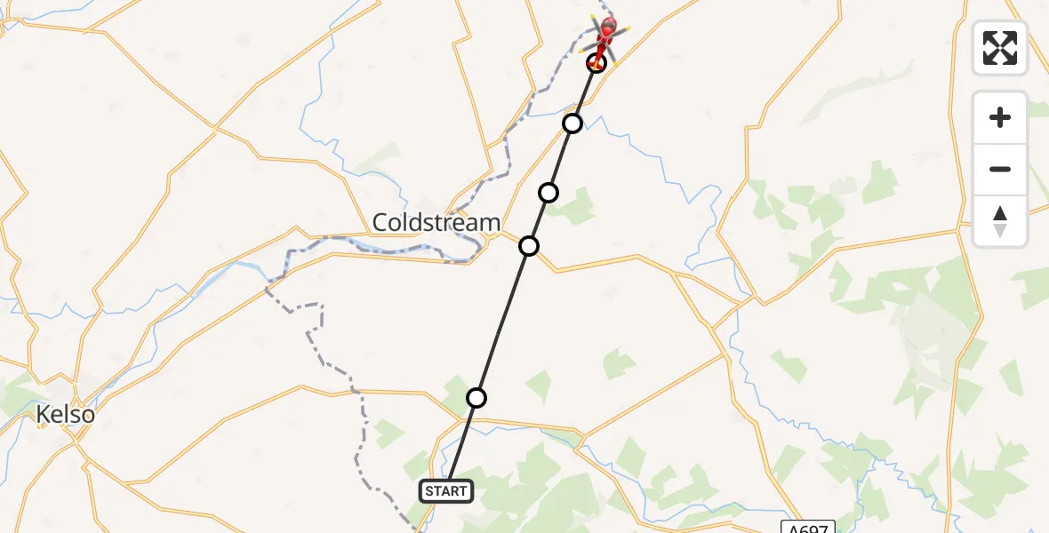 Flight path map showing Air Ambulance Helicopter route from Langham to Duddo