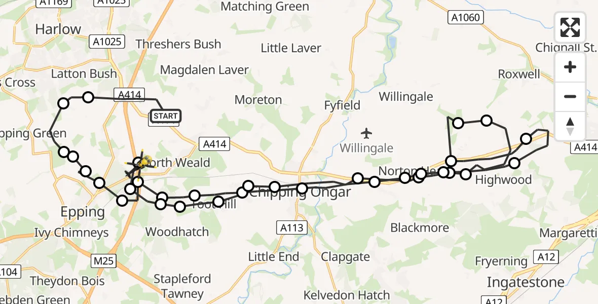 Flight path map showing Police Helicopter route from North Weald Bassett to North Weald Airfield