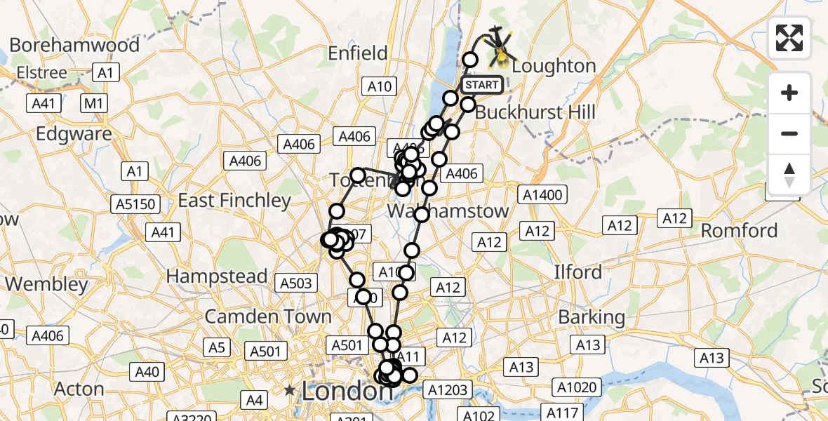 Flight path map showing Police Helicopter route from Chingford to Metropolitan Police Air Support Unit Lippitts Hill