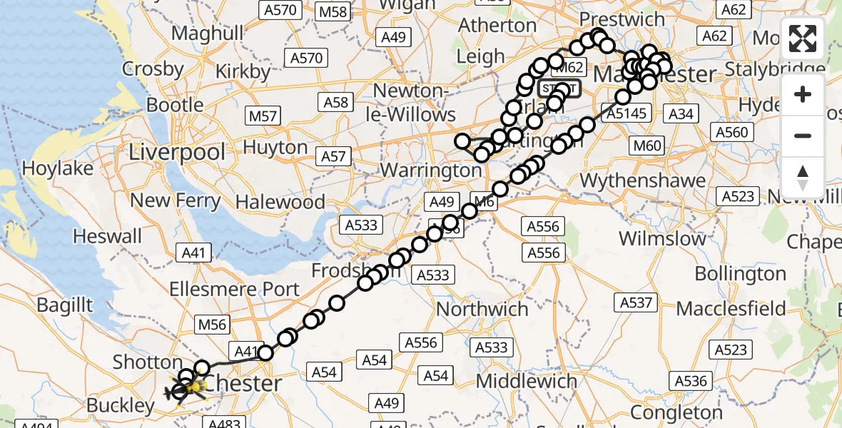 Flight path map showing Police Helicopter route from Manchester Barton Aerodrome to Sandycroft