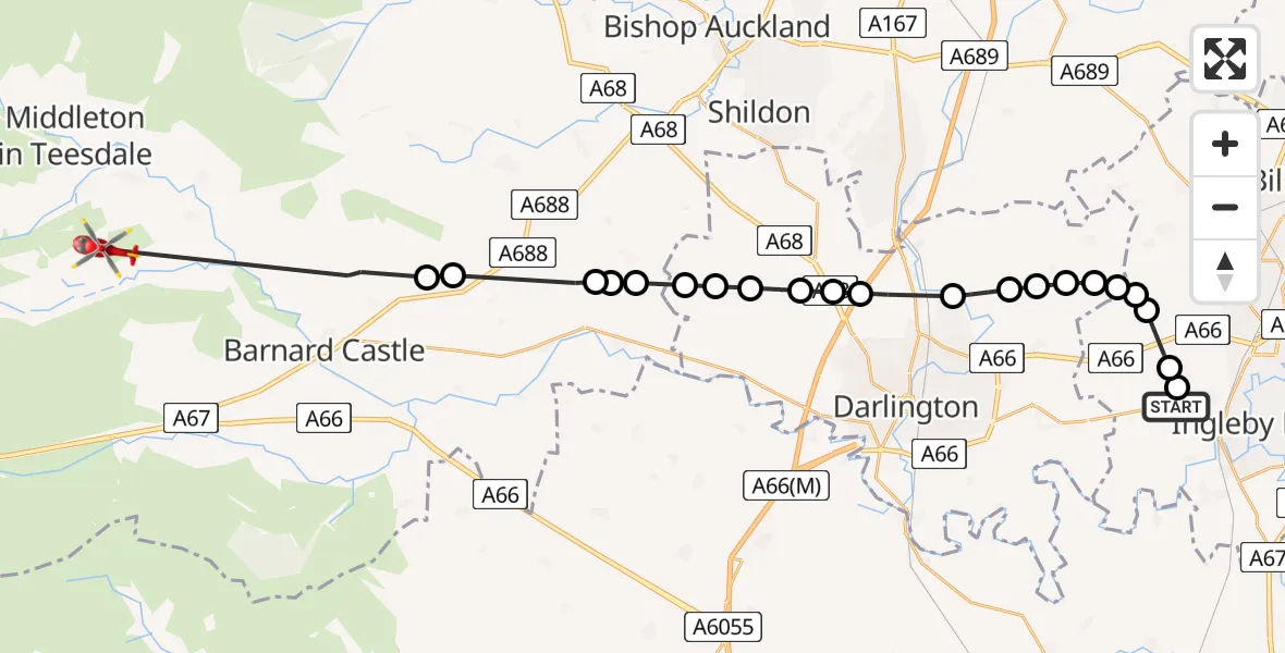 Flight path map showing Air Ambulance Helicopter route from Egglescliffe to Romaldkirk