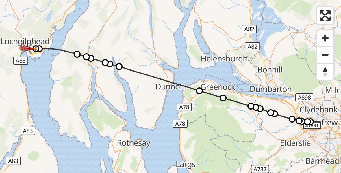 Flight path map showing Air Ambulance Helicopter route from Glasgow Airport to Port Ann