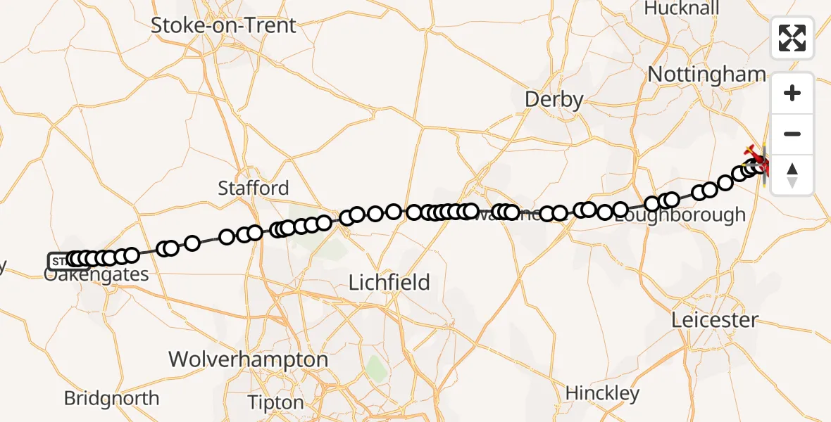 Flight path map showing Air Ambulance Helicopter route from Princess Royal Telford Hospital to Nottingham Heliport