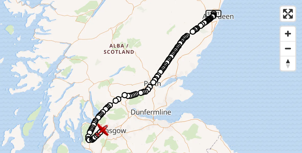 Flight path map showing Air Ambulance Aircraft route from Aberdeen International Airport to Linwood