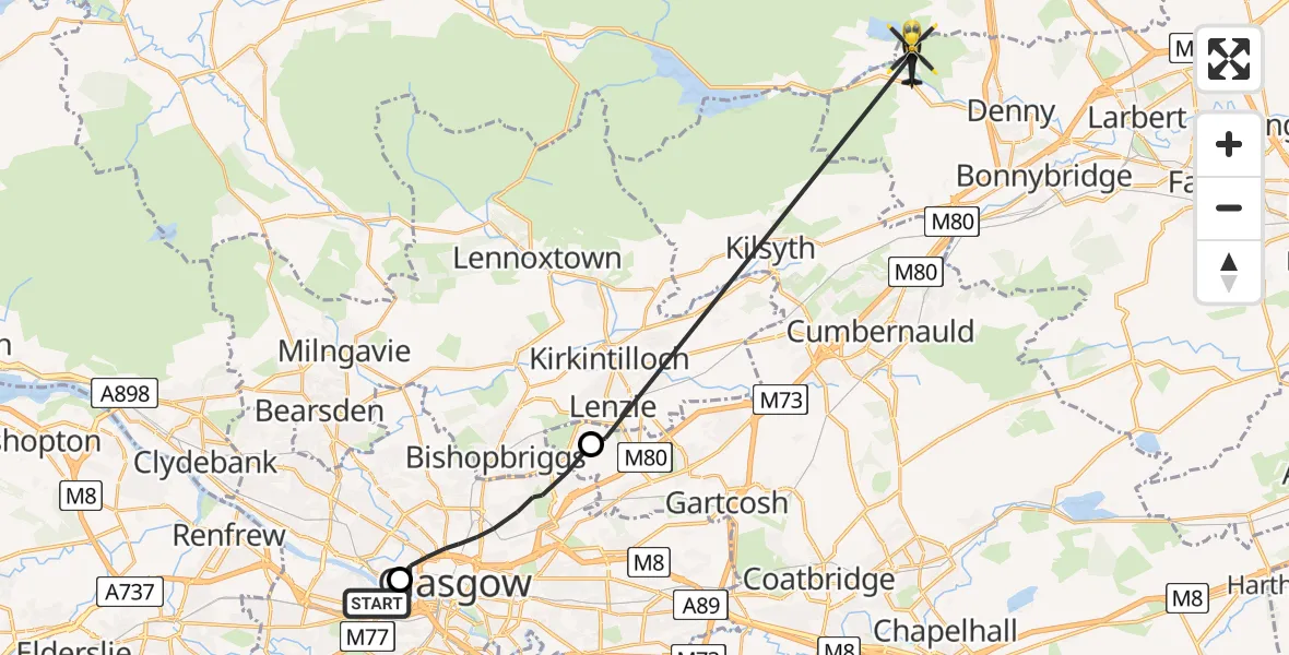 Flight path map showing Police Helicopter route from Glasgow Seaplane Terminal to Falkirk