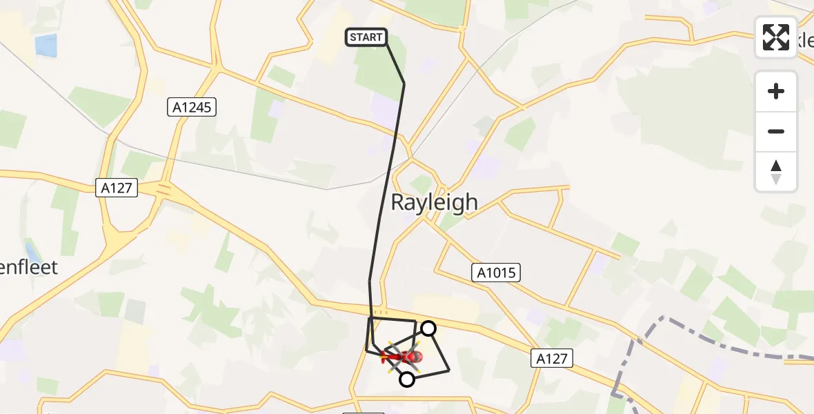 Flight path map showing Air Ambulance Helicopter route from Rayleigh to Rayleigh