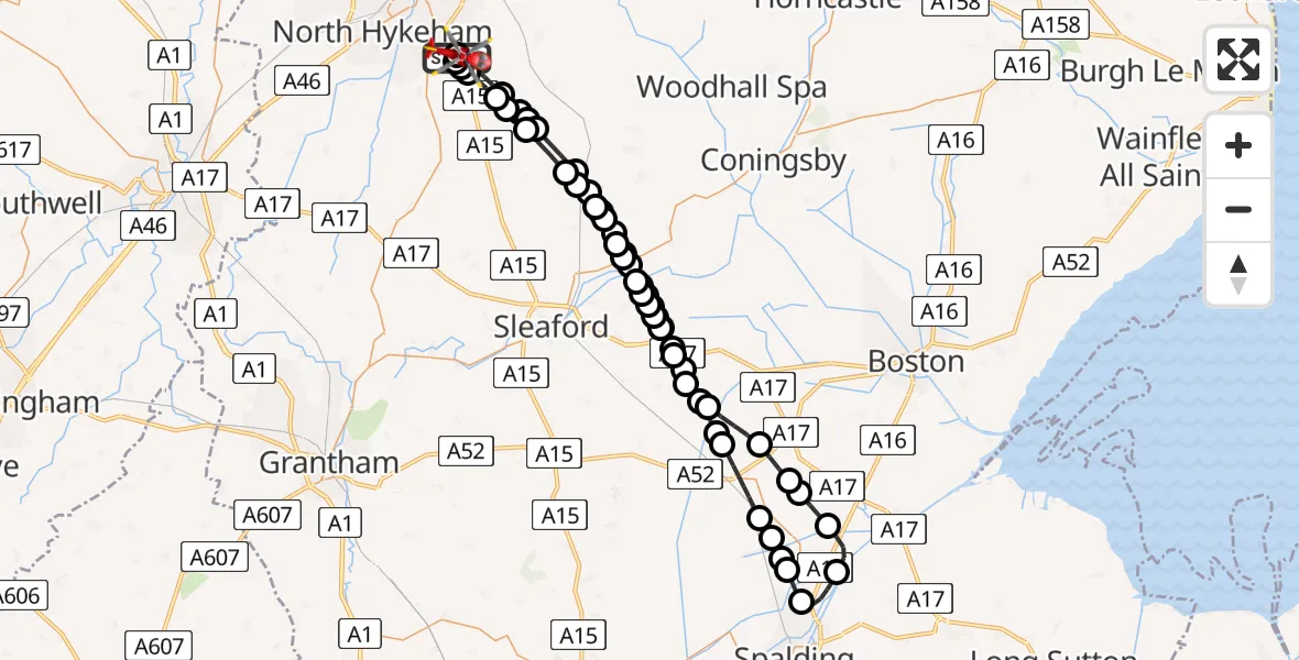 Flight path map showing Air Ambulance Helicopter route from RAF Waddington to North Kesteven