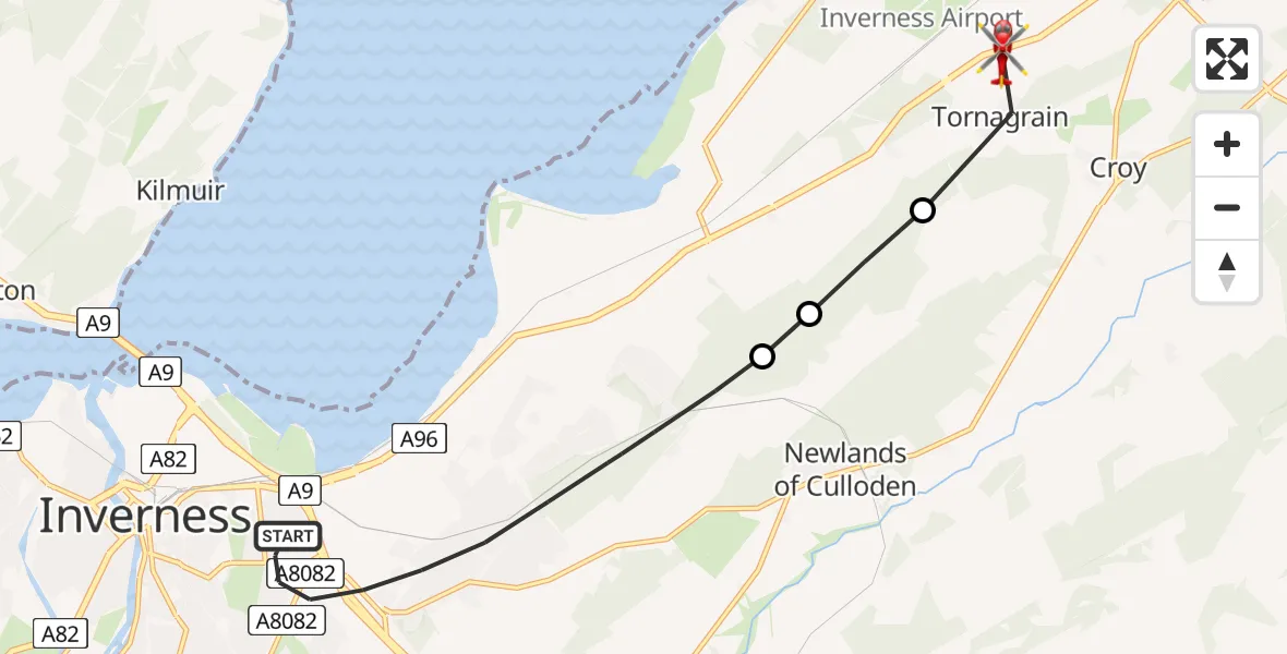 Flight path map showing Air Ambulance Helicopter route from Inverness to Inverness Airport