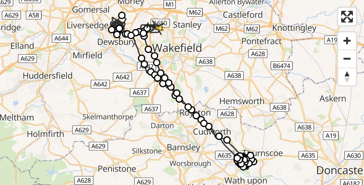 Flight path map showing Police Helicopter route from East Ardsley to Wrenthorpe