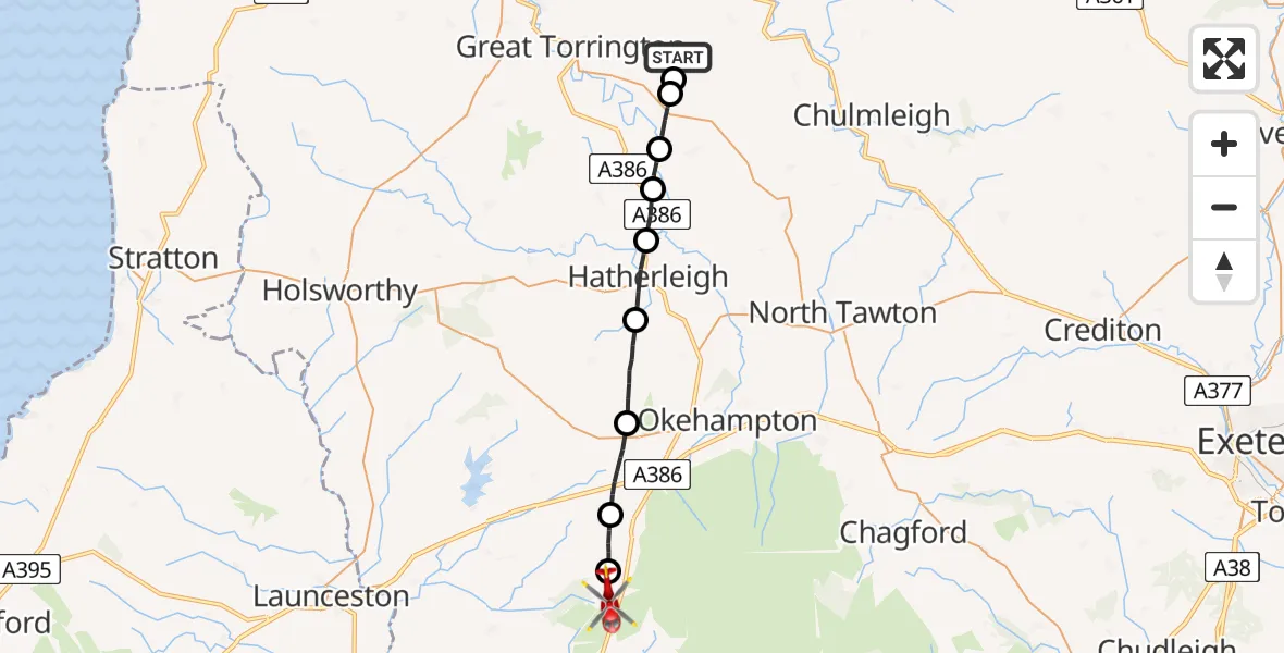 Flight route Air Ambulance Helicopter Roborough - Lydford, 30 April 2026, 13:15