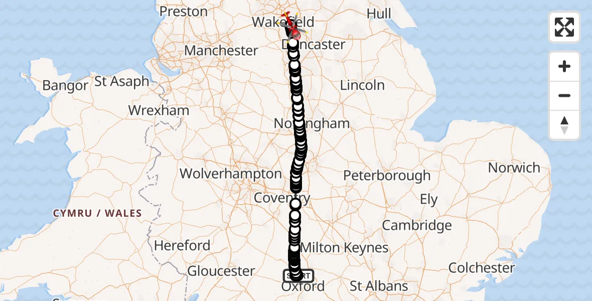 Flight path map showing Air Ambulance Helicopter route from London Oxford Airport to YAA Nostell Helicopter Port