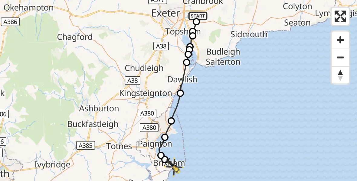 Flight path map showing Police Helicopter route from East Devon to Brixham