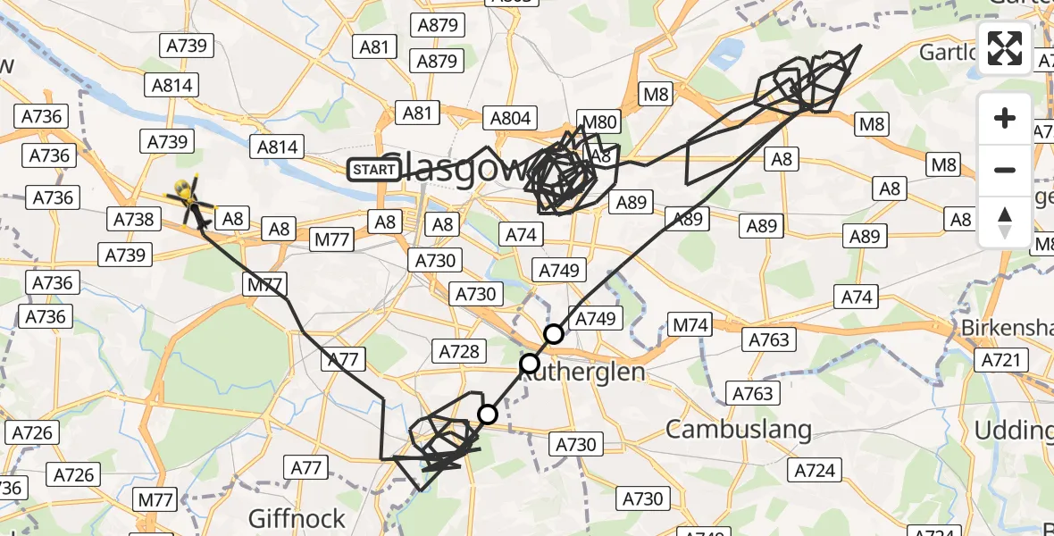 Flight path map showing Police Helicopter route from Glasgow to Glasgow