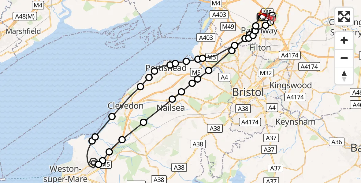 Flight path map showing Air Ambulance Helicopter route from Almondsbury Helicopter Base to Almondsbury Helicopter Base