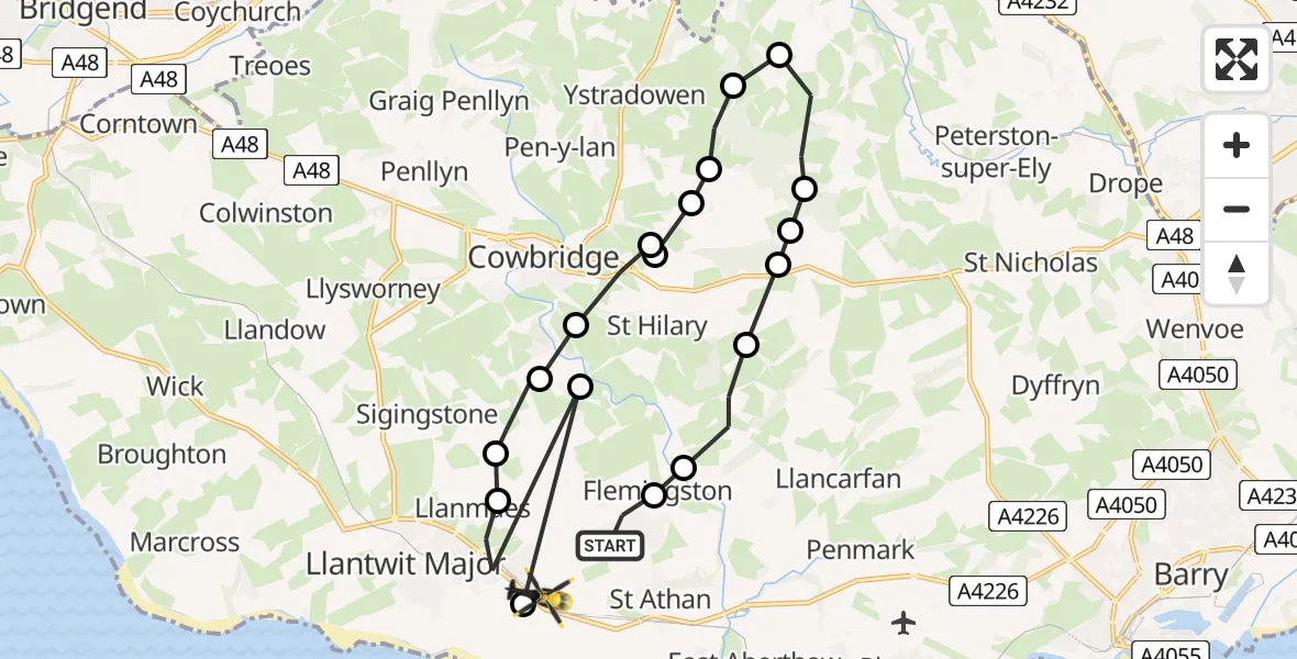 Flight path map showing Police Helicopter route from MOD St Athan to MOD St Athan