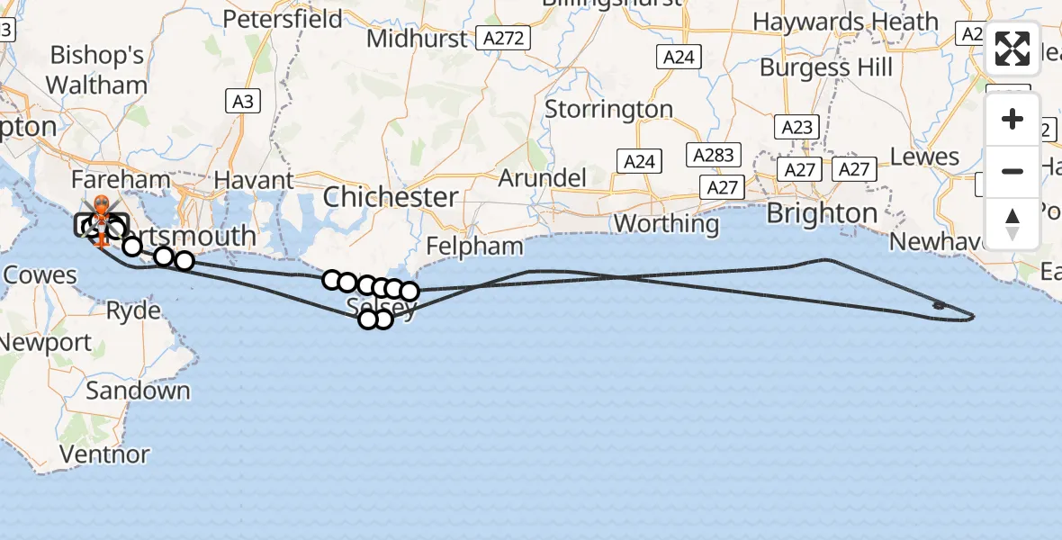 Flight path map showing Coastguard Helicopter route from Solent Airport to Solent Airport