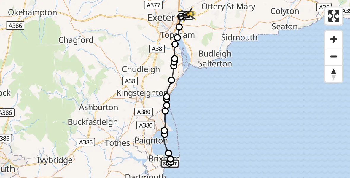 Flight path map showing Police Helicopter route from English Channel to Clyst Honiton