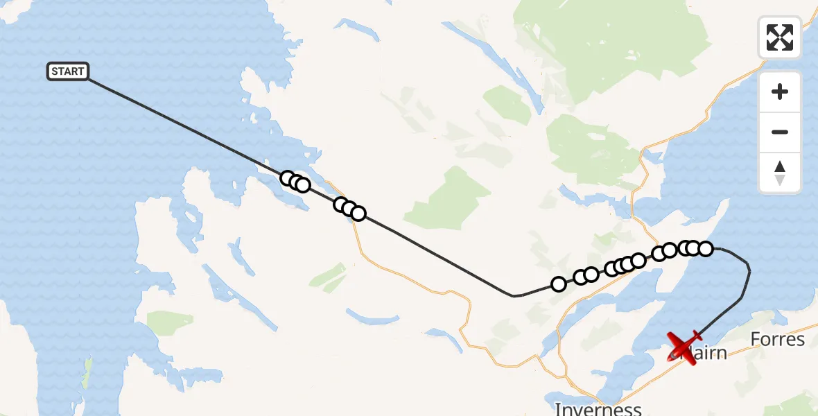 Flight path map showing Air Ambulance Aircraft route from Inner Seas to North Sea