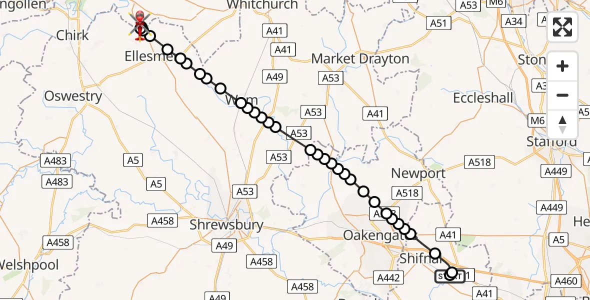 Flight path map showing Air Ambulance Helicopter route from RAF Cosford to Ellesmere