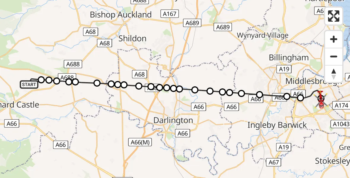 Flight path map showing Air Ambulance Helicopter route from Stainton to James Cook University Hospital